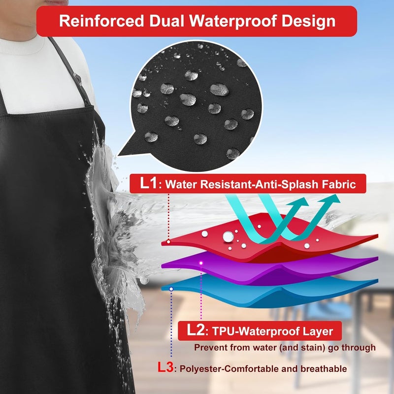 SHEOMERN 3-Layer Waterproof Apron - Pocket-Free Hygienic Design for Dishwashing & Dog Grooming - Lightweight Durable Protection for messy Kitchen Cooking, Baking, for Men & Women (2 Pack,Black) - Image 2